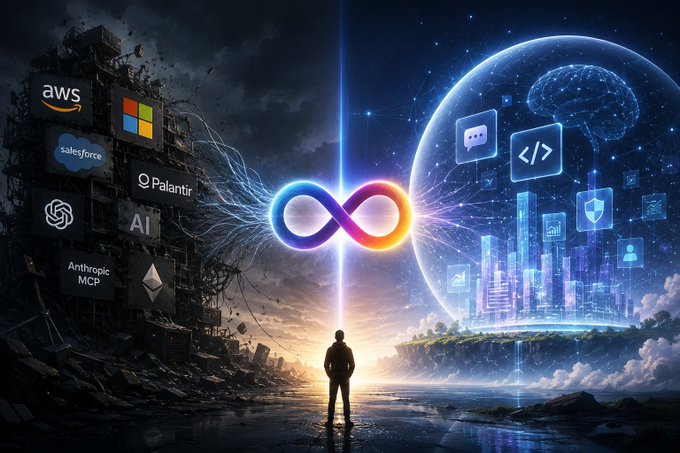 The image features a man standing next to a city skyline with a large blue circle containing various logos of different companies such as Amazon, Microsoft, and others. The man appears to be looking at this futuristic cityscape, which could represent an AI-driven future where applications are not static but rather dynamically created and operated by intelligence. This image might be related to the post about DFINITY, a company that focuses on building intelligent infrastructure for applications in the AI era.