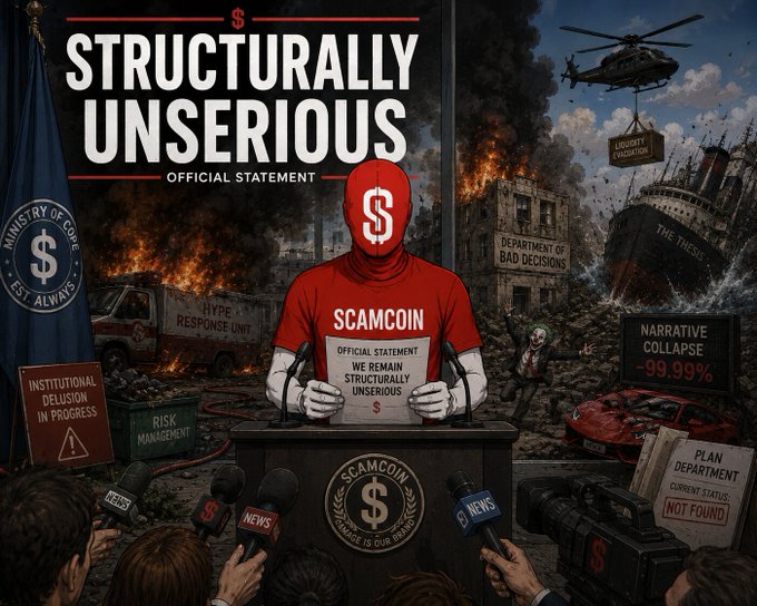 A satirical crypto meme titled 'STRUCTURALLY UNSERIOUS' depicts a red-masked 'Scamcoin' official at a podium with an 'Official Statement' declaring they 'remain structurally unserious,' set against a backdrop of burning buildings, a sinking ship, and a crashing helicopter.