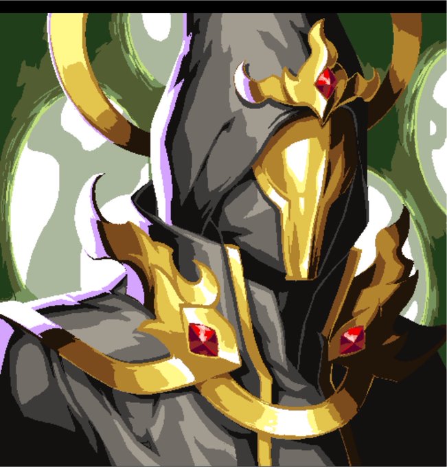 A digital artwork depicting a mysterious, armored figure wearing a dark hood and an ornate golden mask resembling a horned animal skull, adorned with red gems.