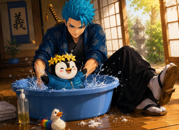 An anime-style illustration of a blue-haired character in traditional Japanese attire playing with a cute penguin plush wearing a flower crown in a blue basin of water, with a kanji scroll in the background.