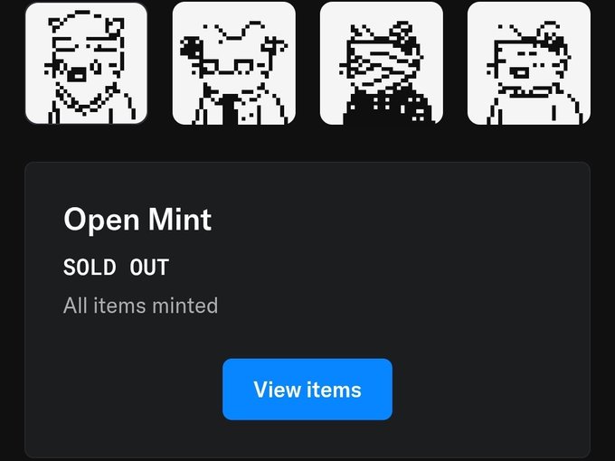 A mobile app interface showing four pixel art character portraits above an 'Open Mint' section marked 'SOLD OUT' with 'All items minted' and a 'View items' button.