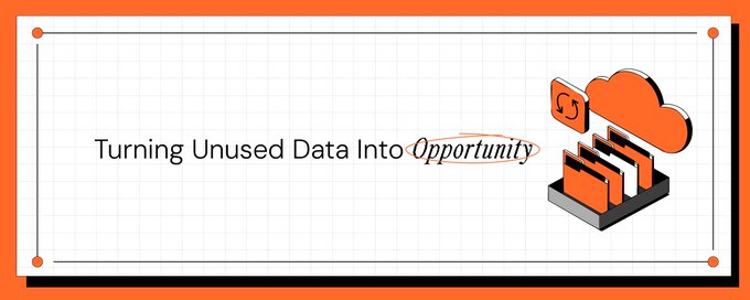 An orange-bordered banner with a grid background displaying the text 'Turning Unused Data Into Opportunity' alongside an isometric illustration of cloud storage with files and a cloud icon.