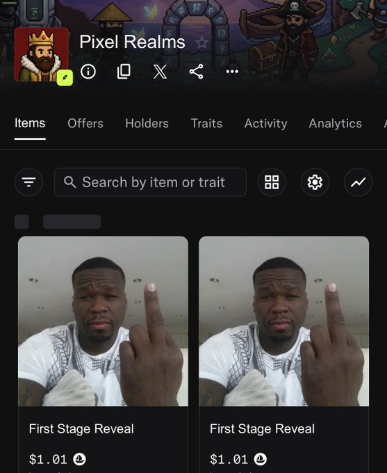 A mobile app interface for 'Pixel Realms' NFT marketplace displaying two 'First Stage Reveal' items priced at $1.01 each, featuring identical images of a man in a white shirt with his middle finger raised.