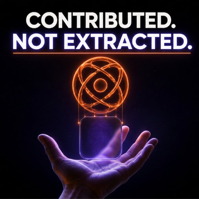 A hand cradles a glowing purple fingerprint scanner beneath an orange atomic sphere, with bold text reading "CONTRIBUTED. NOT EXTRACTED."

The image visually reinforces the post's argument against extraction without permission—the offered fingerprint symbolizes voluntary, explicit consent, contrasting with the "quiet taking" of public work the post criticizes, while "Contributed. Not Extracted." distills dFusion's core philosophy into a clear mission statement.