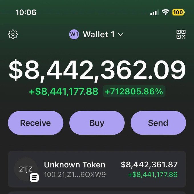 A cryptocurrency wallet app screenshot displays a balance of $8,442,362.09 for 'Unknown Token' (21jZ), showing a +712805.86% increase with options to Receive, Buy, or Send.