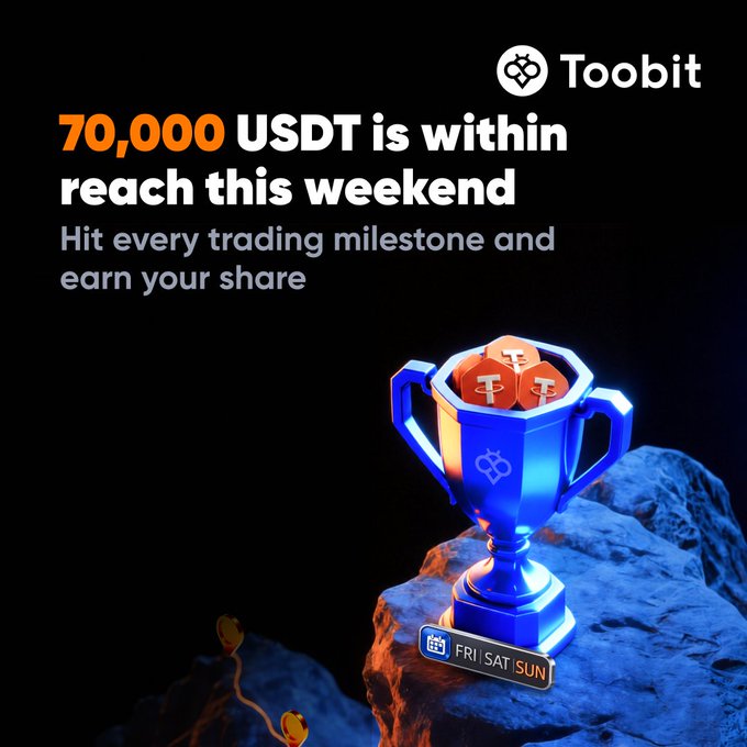 A Toobit promotional graphic featuring a glowing blue trophy filled with orange coins on rocky terrain, advertising a 70,000 USDT weekend trading rewards prize pool available Friday through Sunday. The image reinforces the post's call to action by visually highlighting the prize opportunity tied to trading activity on the Toobit exchange.