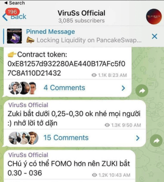 A Telegram channel named "ViruSs Official" with 3,085 subscribers displays pinned contract token details (0xE81257d932280AE440B17AFc5f07C8A110D21432) and messages from ViruSs promoting the ZUKI token with a suggested buy-in range of 0.25–0.30, notably predicting FOMO could push the price to 0.30–0.36. The image illustrates how the KOL publicly shared token contract addresses and price recommendations, supporting concerns about paid influencer promotions in the Zuki Moba project.