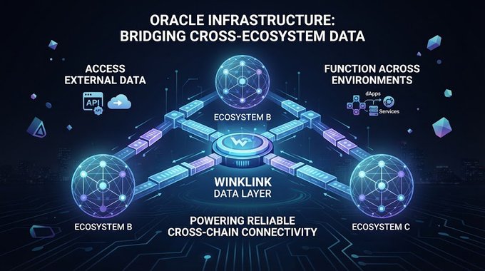 An infographic titled 'ORACLE INFRASTRUCTURE: BRIDGING CROSS-ECOSYSTEM DATA' showing the WinkLink data layer connecting Ecosystem B and Ecosystem C to access external data and function across environments like dApps and services.