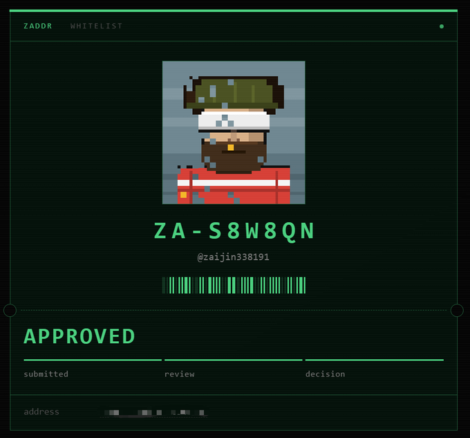 A digital "WHITELIST" approval card from ZADDR showing "APPROVED" status, featuring a pixel art character with the code "ZA-S8W8QN" and the handle "@zaijin338191".