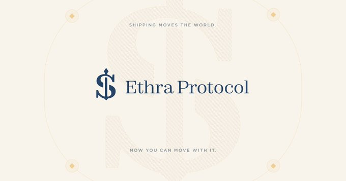 A minimalist cream-colored promotional graphic for 'Ethra Protocol' featuring an anchor-dollar logo, with the tagline 'SHIPPING MOVES THE WORLD.' and 'NOW YOU CAN MOVE WITH IT.'