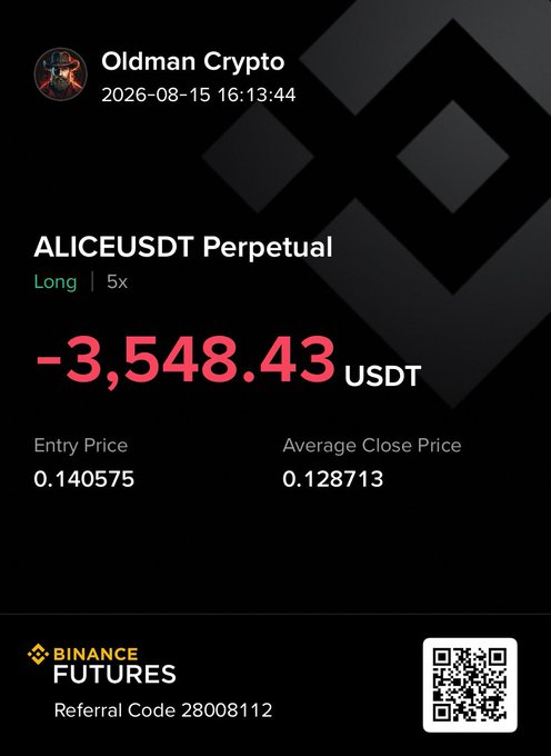 A Binance Futures trading screenshot from "Oldman Crypto" showing a closed ALICEUSDT Perpetual long position (5x leverage) with a loss of -3,548.43 USDT, an entry price of 0.140575, and an average close price of 0.128713. The image visually documents the losing Alice trade mentioned in the post, illustrating the trader's acknowledgment of a single red trade cutting into their otherwise green August performance.