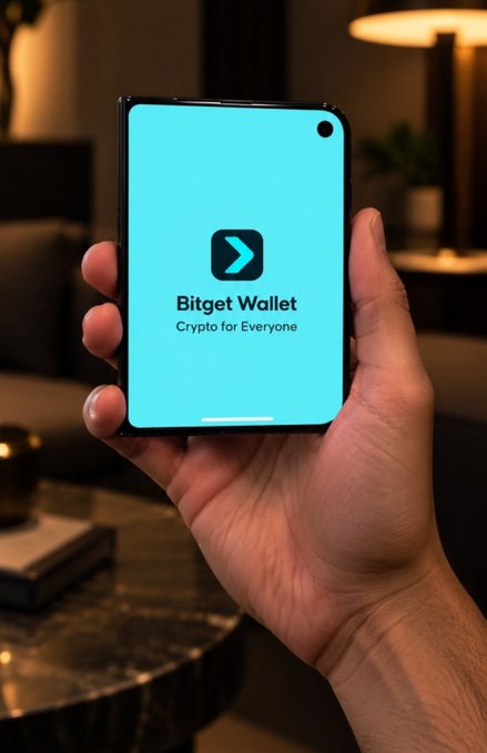 A hand holds a smartphone displaying the Bitget Wallet app screen with the tagline "Crypto for Everyone" against a teal background, illustrating the "iPhone Duo just dropped!" post by showcasing the sleek new mobile crypto wallet experience.