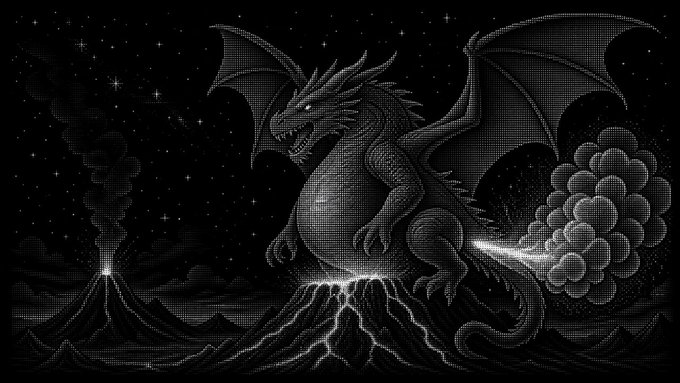 A pixelated dragon is pictured erupting from a volcano, amidst a starry night sky. The image perfectly visualizes the "FART DRAGON" $FDRGN launch, with the dragon appearing to emit smoke or gas.