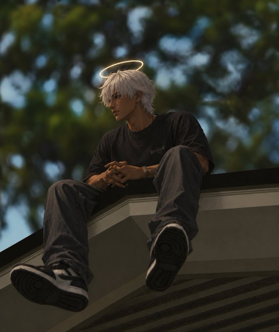 A stylish young man with white hair and a glowing halo accessory sitting on a rooftop ledge in dark clothing, shot from a dramatic low angle.