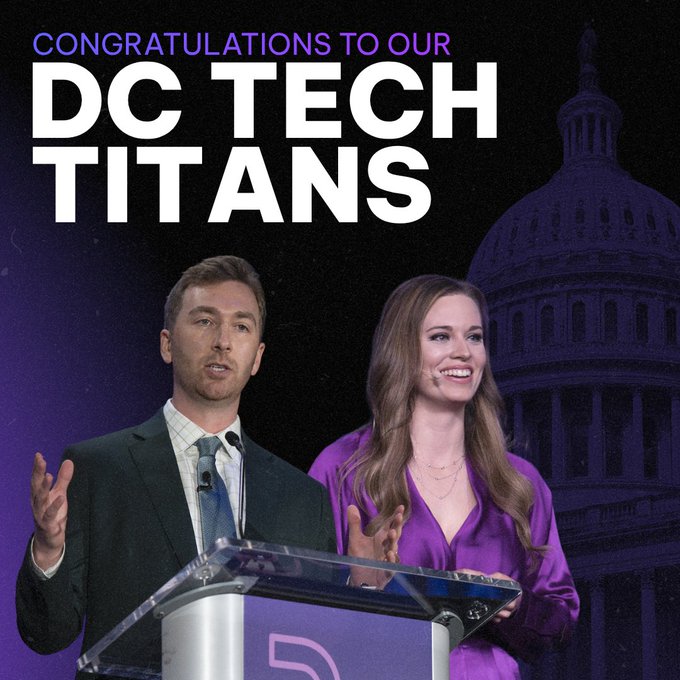 Promotional graphic reading 'CONGRATULATIONS TO OUR DC TECH TITANS' showing two people at a podium in front of a Capitol building backdrop.