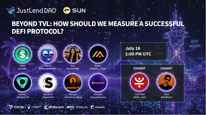 The image is a promotional graphic for a Twitter Space titled "Beyond TVL: How Should We Measure a Successful DeFi Protocol?" hosted by JustLend DAO and SUN on July 16 at 1:00 PM UTC, featuring speakers including USDD, Esra, Metric, DaBit.TT, Sports.AI, MarsCat, and manadla, with cohosts @0xFI_JUST and @0xCBKOLA.

The graphic relates to the post by highlighting key players in the TRON DeFi ecosystem (such as JustLend DAO and SUN) that are central to the value circulation and growth being celebrated, illustrating the community and protocol collaboration driving TRON's expanding DeFi presence.