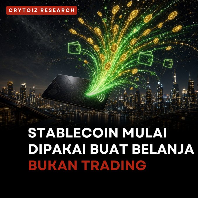 A promotional graphic from 'CRYTOIZ RESEARCH' reads 'STABLECOIN MULAI DIPAKAI BUAT BELANJA BUKAN TRADING' over an image of a digital wallet emitting gold coins against a city skyline.