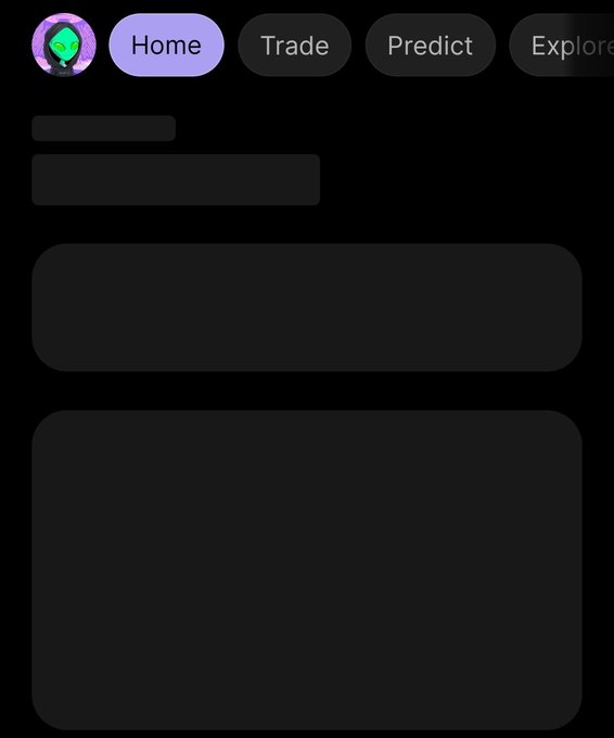 A minimalist app interface shows navigation tabs for Home, Trade, Predict, and Explore, with empty placeholder content areas below.