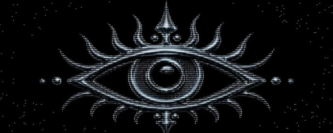 A black and white digital illustration of a mystical all-seeing eye with radiating lines on a starry background.
