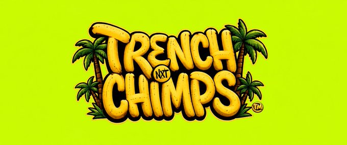 A logo with a bright green background reads 'TRENCH NXT CHIMPS' in stylized yellow letters, framed by palm trees.
