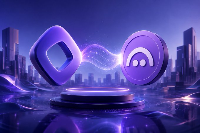 A 3D rendered digital art piece in purple tones showing two blockchain/crypto logos connected by a glowing energy beam against a futuristic cityscape backdrop.