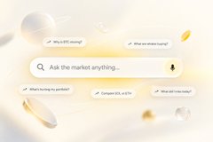 A minimalist design featuring a search bar with the text 'Ask the market anything...' surrounded by sample questions like 'Why is BTC rising?' and 'What's my portfolio worth?' on a cream-colored background.
