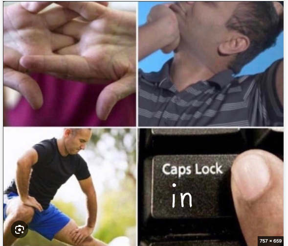 A four-panel meme showing various reactions—a hand gesture, a man sneezing or coughing, a man clutching his knee in pain, and a finger pressing the Caps Lock key with the text "Caps Lock in"—captioned with a promotional post listing crypto projects including $cashcat, $pons, @StonkBrokersApp, @longdotxyz, and @ArtificiallyInu on Robinhood, using the images humorously to express intense reactions to these token recommendations.