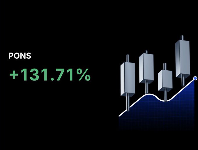 A black graphic displays 'PONS +131.71%' in green text alongside an illustration of silver 3D bar chart cubes and an ascending white line graph.