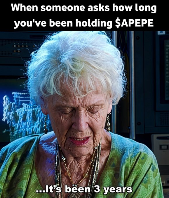 The image features an older woman with white hair wearing a green shirt, sitting next to a television set. The caption of the image reads "When someone asks how long you've been holding $APEPE_MEME #APEPECreator || #Polygon Here'S my meme thread entry".