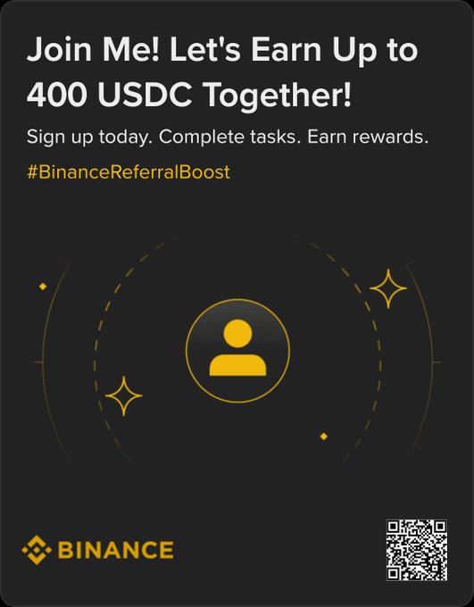 The image is a Binance referral promotional graphic with a black and gold design, featuring the text "Join Me! Let's Earn Up to 400 USDC Together!" along with "Sign up today. Complete tasks. Earn rewards." and the hashtag "#BinanceReferralBoost." It pairs with the post's referral link (binance.com/referral/earn-...) and Referral ID (GRO_28502_RCMMR) to invite viewers to sign up and earn crypto rewards together.