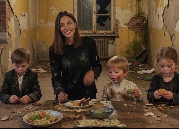 A disheveled mother with paint-stained clothes smiles while feeding a young boy across a dirty, peeling-wall room, flanked by two somber children eating scraps at a dilapidated table.

The image humorously mirrors the post's punchline by depicting the "poor" consequences of not investing in $HYPE—showing the family eating meager food in a decaying home, blamed on Dad's failed "trading other shit" instead of buying the hyperliquid token.