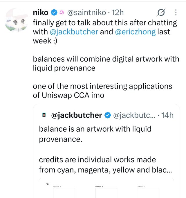 A tweet from @saintniko discussing how balances will combine digital artwork with liquid provenance, quoting @jackbutcher who describes balance as an artwork with liquid provenance made from cyan, magenta, yellow and black.