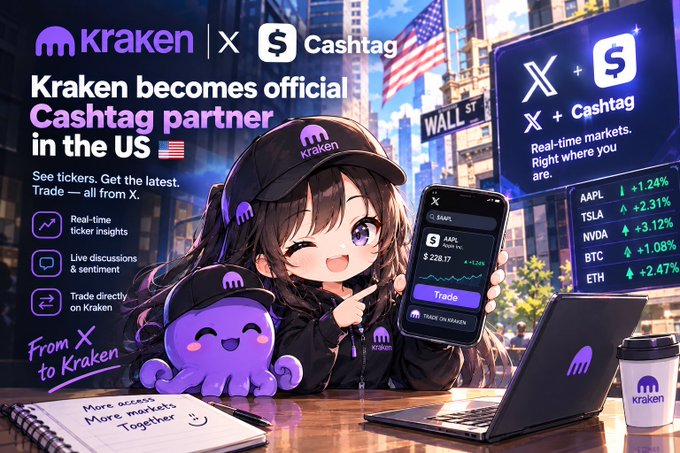 A promotional graphic announcing 'Kraken becomes official Cashtag partner in the US'. It features an anime-style girl with a Kraken cap alongside a purple octopus mascot, with stock tickers (AAPL, TSLA, NVDA, BTC, ETH) showing gains and a smartphone displaying trading info.