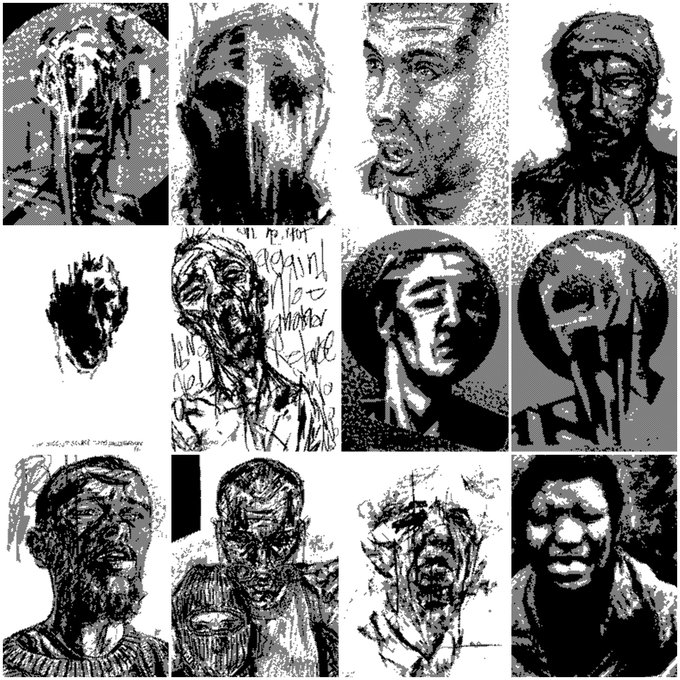 A collage of twelve black-and-white stylized portraits and illustrations of various human faces with intense or distorted expressions.