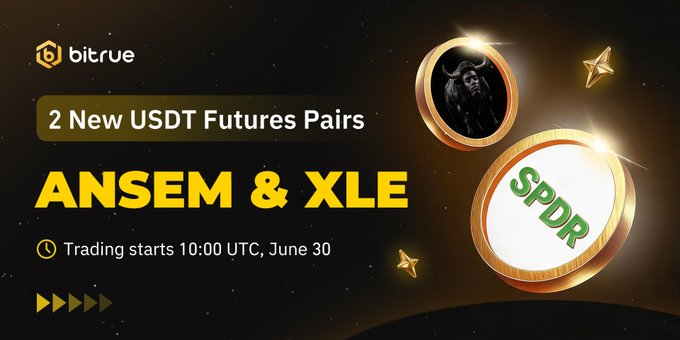 Bitrue announces the launch of two new USDT perpetual futures pairs—ANSEM and XLE—available with up to 20x leverage starting June 30 at 10:00 UTC, displayed alongside the Bitrue logo and coin graphics for each asset.