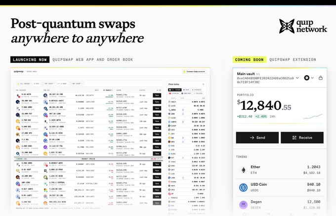 A promotional graphic for quip network titled 'Post-quantum swaps anywhere to anywhere', showing a 'LAUNCHING NOW' order book and a 'COMING SOON' extension wallet displaying a portfolio of $12,840.55.