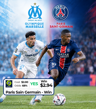 Soccer match promotional graphic for Olympique Marseille vs Paris Saint-Germain featuring players in action, with a betting tip showing Paris Saint-Germain to win at $2.94 odds.