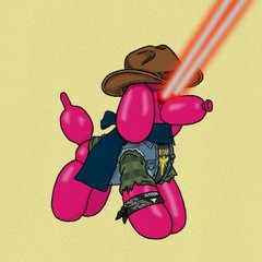 A pixelated graphic of a character wearing a cowboy hat and vest riding a large pink balloon-animal dog that shoots red laser beams from its eyes.
