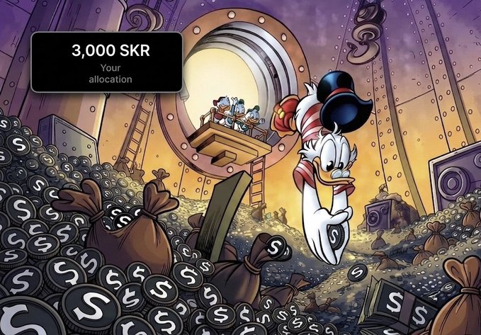 A cartoon illustration of Uncle Scrooge diving into a massive pile of coins with 'S' symbols, with a pop-up box reading '3,000 SKR Your allocation'.