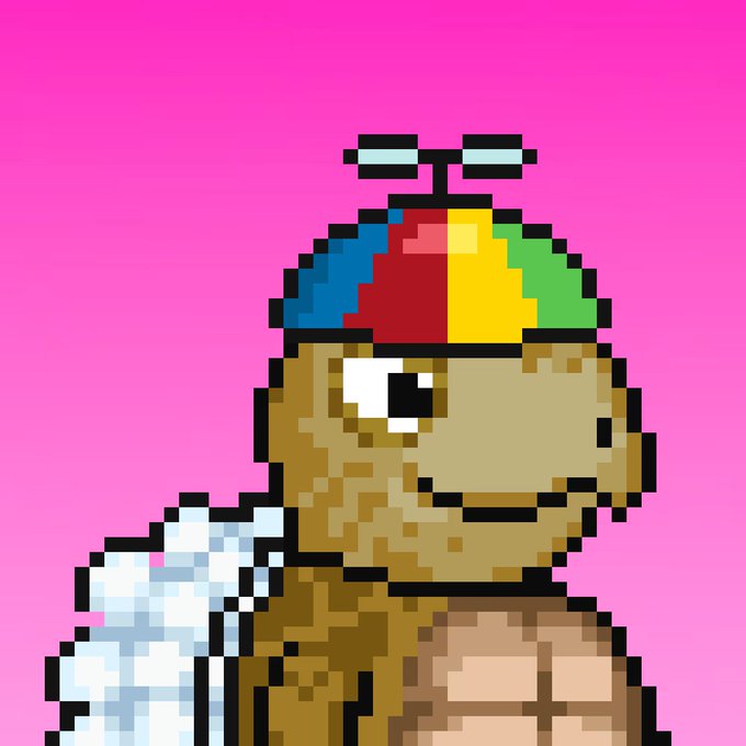 A pixel art image of a brown dinosaur character wearing a propeller beanie with multicolored panels against a pink background.