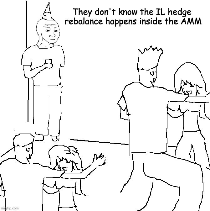 A 'Doomer Wojak' meme-style comic with the text 'They don't know the 1L hedge rebalance happens inside the AMM,' depicting a lone wojak standing at a party.