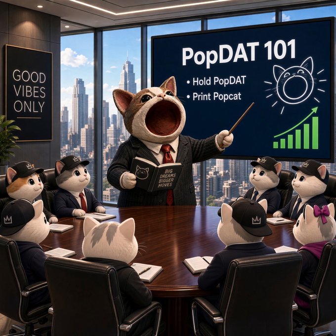 A playful illustration of a Shiba Inu dog in a business suit lecturing at 'PopDAT 101' about 'Hold PopDAT' and 'Print Popcat' to an audience of cats wearing caps, with a 'GOOD VIBES ONLY' sign in the background.
