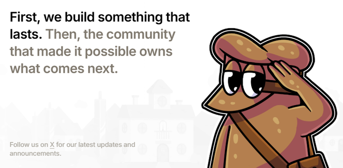 A cartoon character in a detective hat shields their eyes while peering into the distance, beside the text "First, we build something that lasts. Then, the community that made it possible owns what comes next." A smaller note reads "Follow us on X for our latest updates and announcements." The forward-looking detective imagery ties into the post's call to action, encouraging users to be among the first to join "The Trenches" launch on Solana through the referral link and begin collecting Stars.