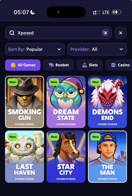 A mobile app screen showing a search for "Xposed" displaying various Xposed Studios games including "Smoking Gun," "Dream State," "Demons End," "Last Haven," "Star City," and "The Man."