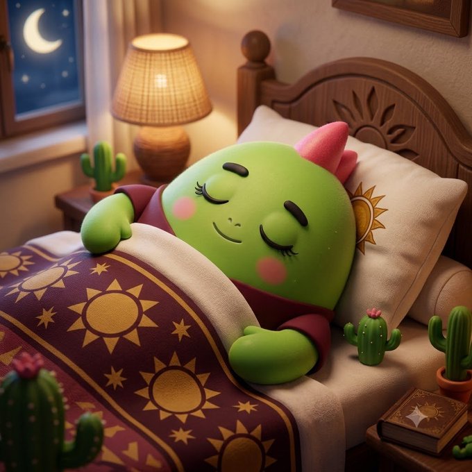 A cute green cactus character with pink cheeks sleeping peacefully in a wooden bed under a celestial-patterned blanket, surrounded by small cacti and a lamp by a night window.