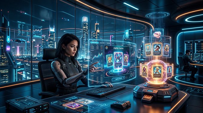 A sci-fi style image of a woman sitting at a futuristic workstation with glowing holographic displays, manipulating digital trading cards including one labeled 'Jupiter Gecko' in a neon-lit cityscape setting.