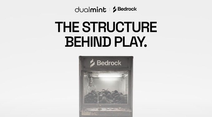 A minimalist advertisement for Dualmint and Bedrock featuring the tagline 'THE STRUCTURE BEHIND PLAY' with an image of a small glass booth.