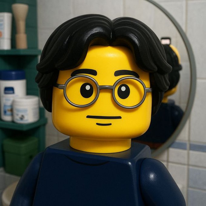 A LEGO-style minifigure with black hair, round glasses, and a subtle smile stands in what appears to be a bathroom, with shelves of toiletries visible behind and a mirror reflecting the figure.