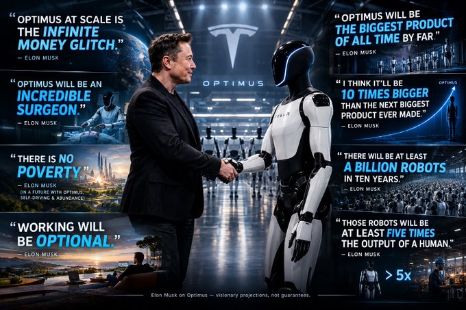 A promotional graphic features Elon Musk shaking hands with the humanoid robot Optimus, surrounded by several of his bold quotes about the robot's future, including claims that "Optimus at scale is the infinite money glitch," it will be "10 times bigger than the next biggest product ever made," and there will be "at least a billion robots in ten years" producing "at least 5x the output of a human." The image ties directly to the post's thesis that Musk's ongoing Optimus narrative could drive significant value to the fan token $Optimus_RH (compared to how $FLOKI rallied on Musk's tweets), positioning it as a speculative play on Musk's humanoid robot vision.
