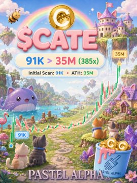 A colorful, fantasy-themed cryptocurrency infographic for "$CATE" showing token performance metrics "91K > 35M (385x)" with pastel-toned castle and cat illustrations.